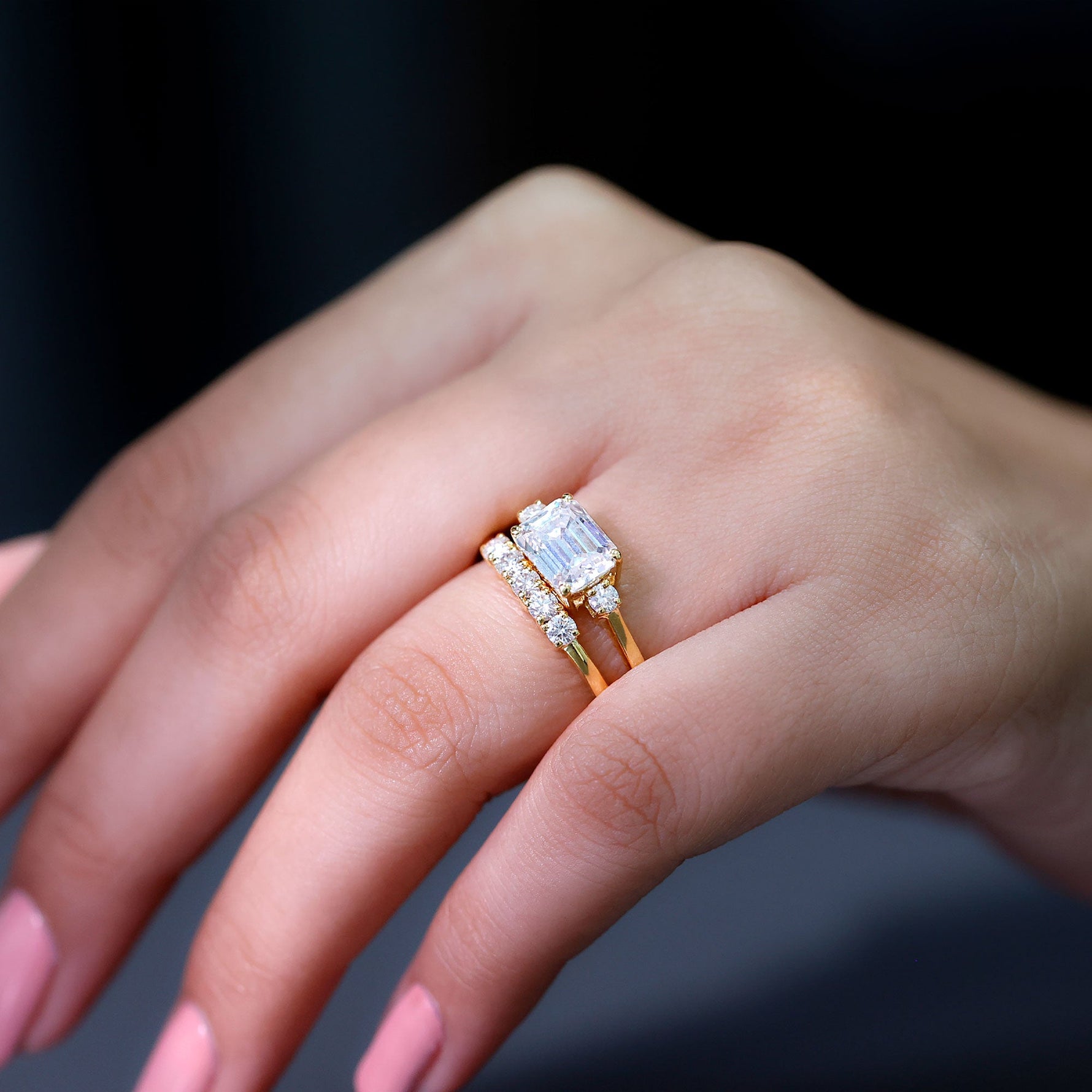 Emerald Cut Moissanite East West Wedding Ring Set