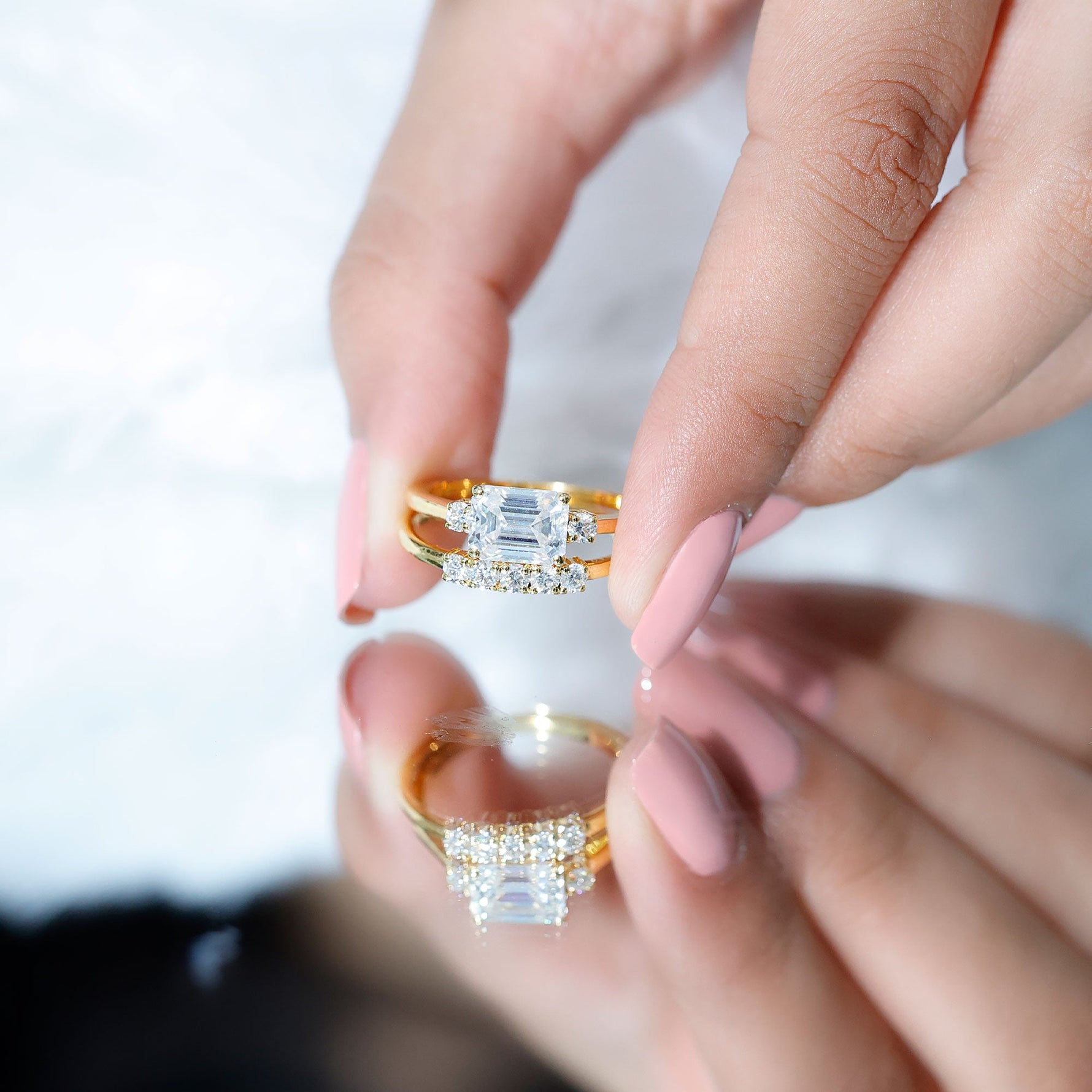 Emerald Cut Moissanite East West Wedding Ring Set