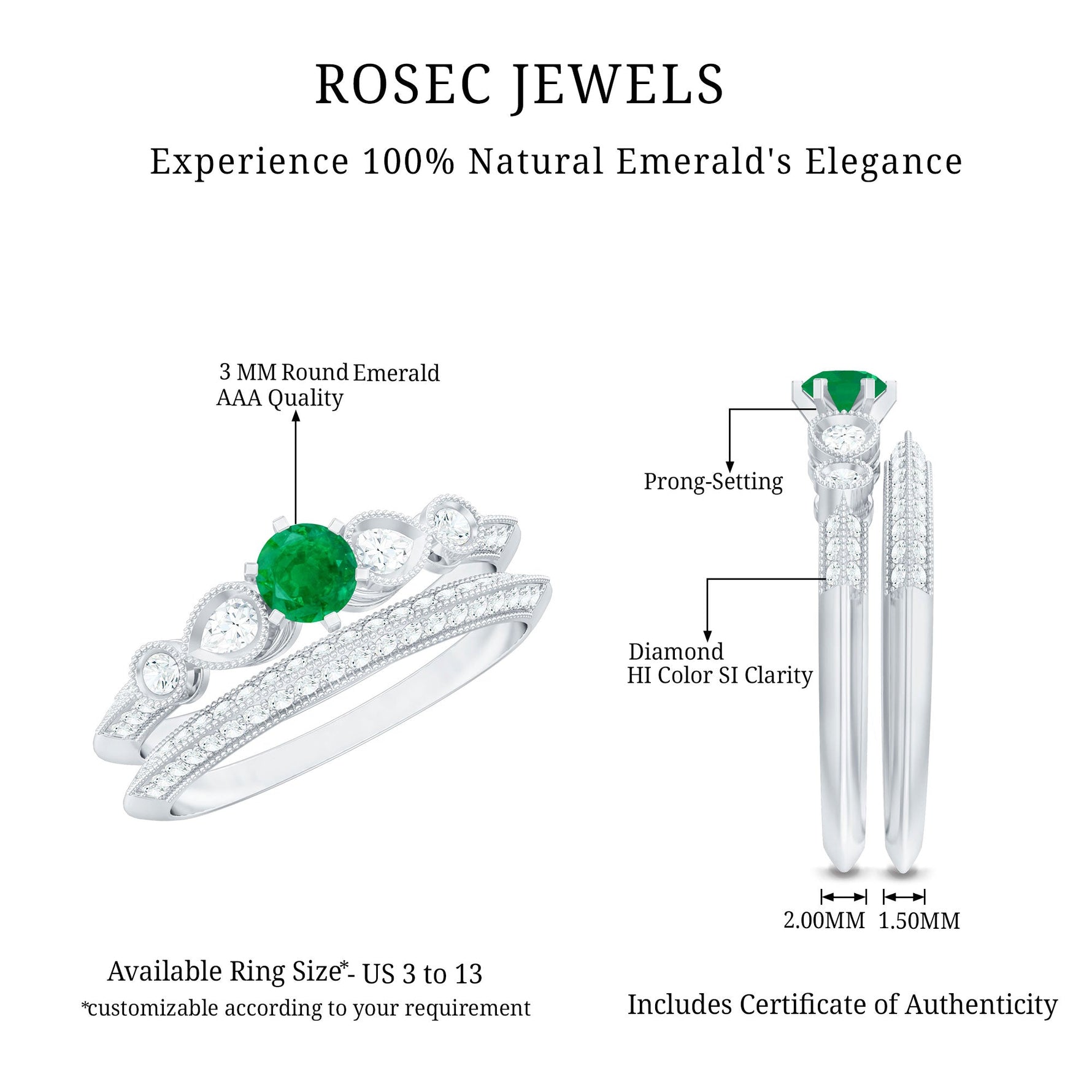 Vintage Looking Emerald Diamond Engagement Wedding Ring Set of 2