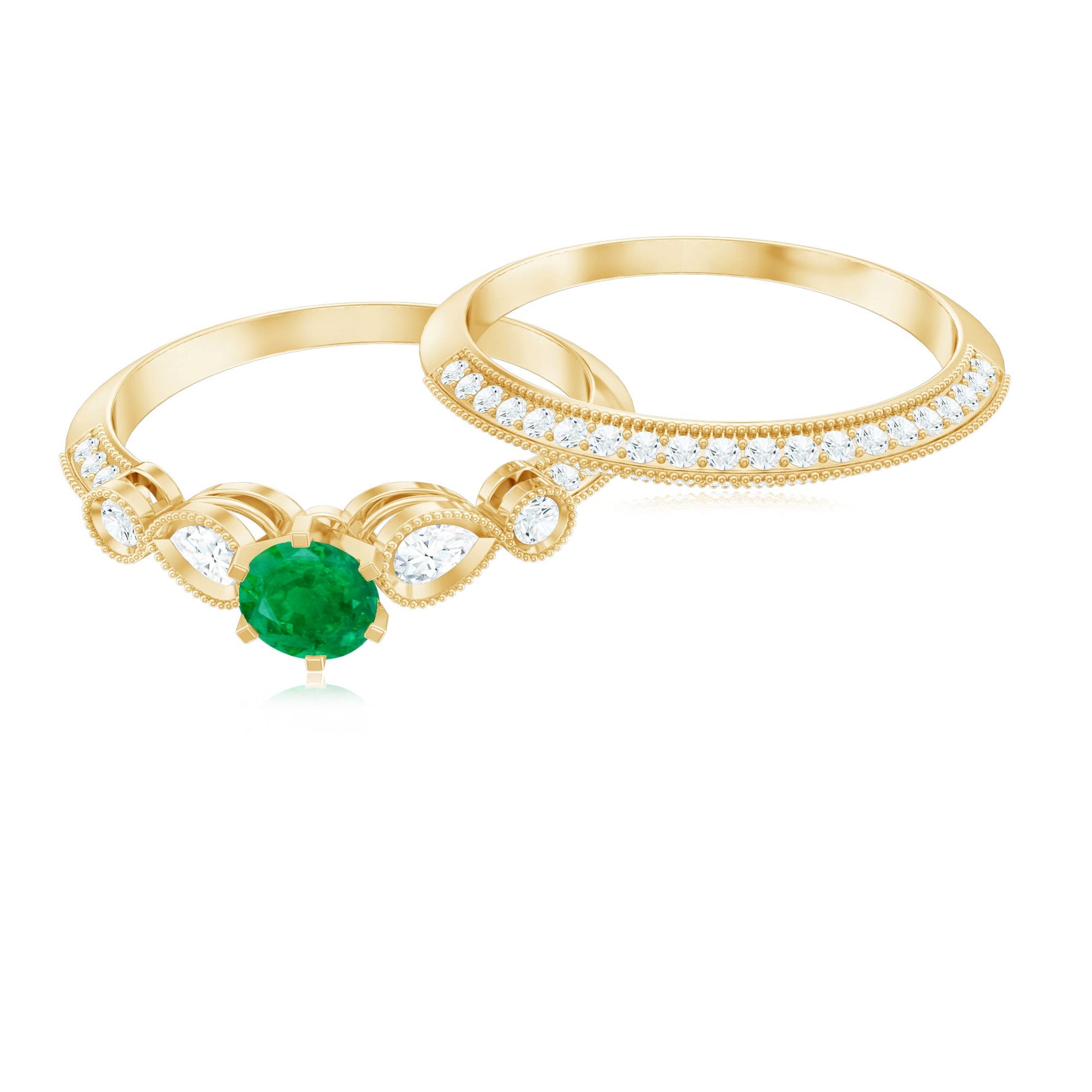 Vintage Looking Emerald Diamond Engagement Wedding Ring Set of 2