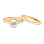 Classic Freshwater Pearl and Moissanite Wedding Ring Set
