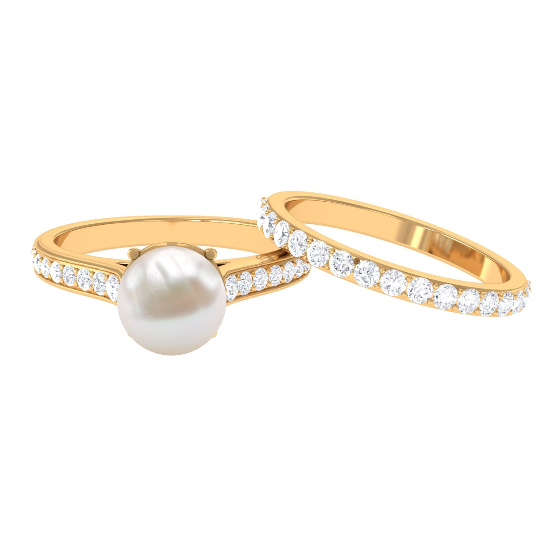 Classic Freshwater Pearl and Moissanite Wedding Ring Set
