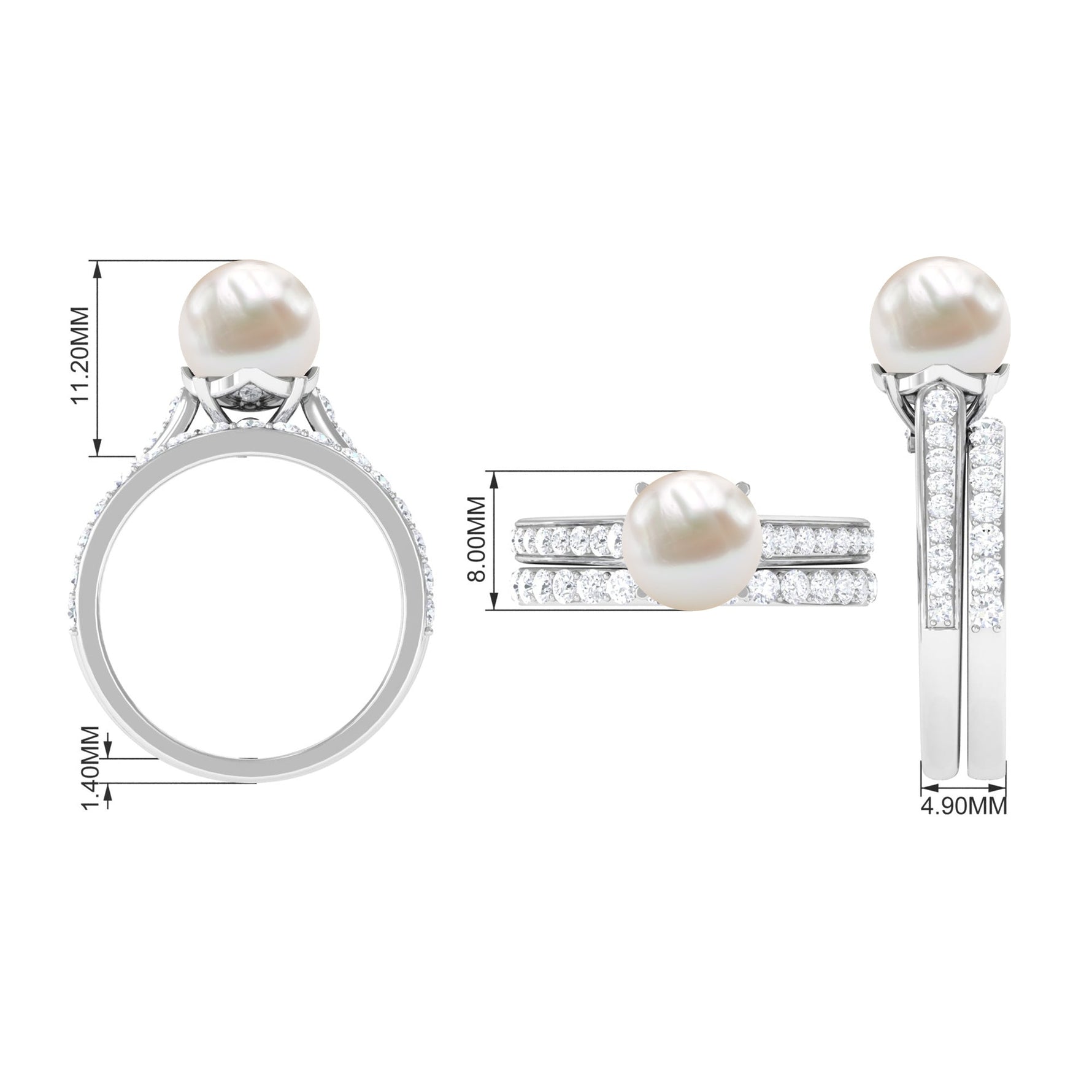 Classic Freshwater Pearl and Moissanite Wedding Ring Set