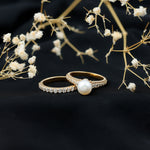 Classic Freshwater Pearl and Moissanite Wedding Ring Set