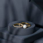Classic Freshwater Pearl and Moissanite Wedding Ring Set