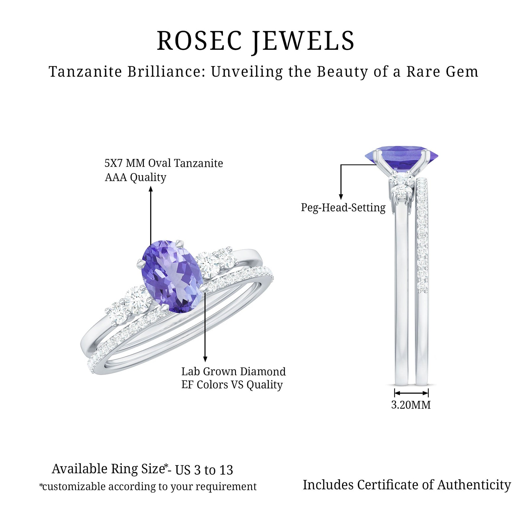 Natural Tanzanite Oval Engagement Ring with Wedding Band