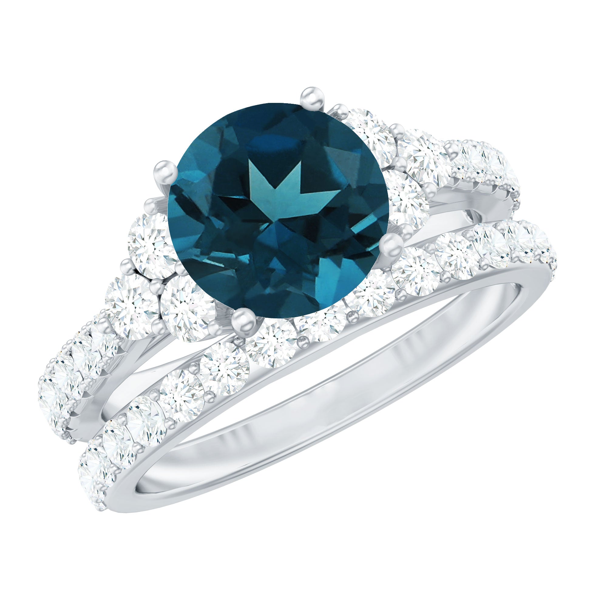 8 mm London Blue Topaz Wedding Ring Set with Moissanite Band