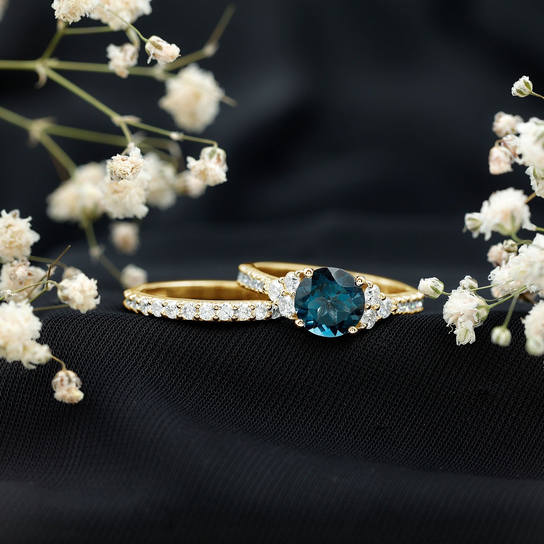 8 mm London Blue Topaz Wedding Ring Set with Moissanite Band