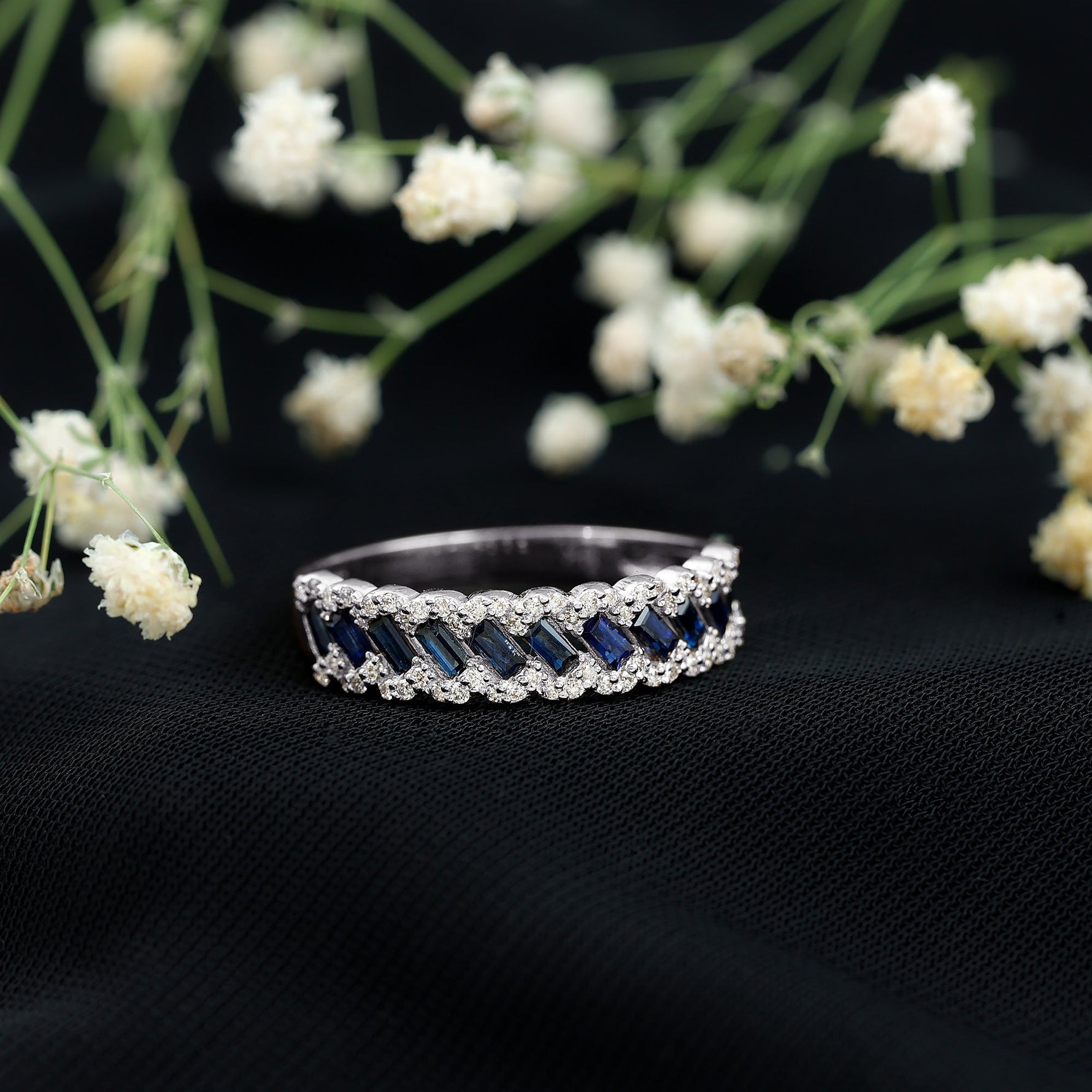 Certified Blue Sapphire Diamond Braided Wedding Ring