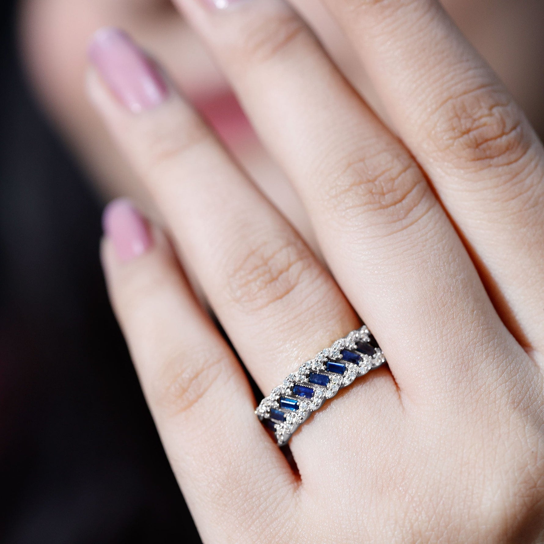 Certified Blue Sapphire Diamond Braided Wedding Ring