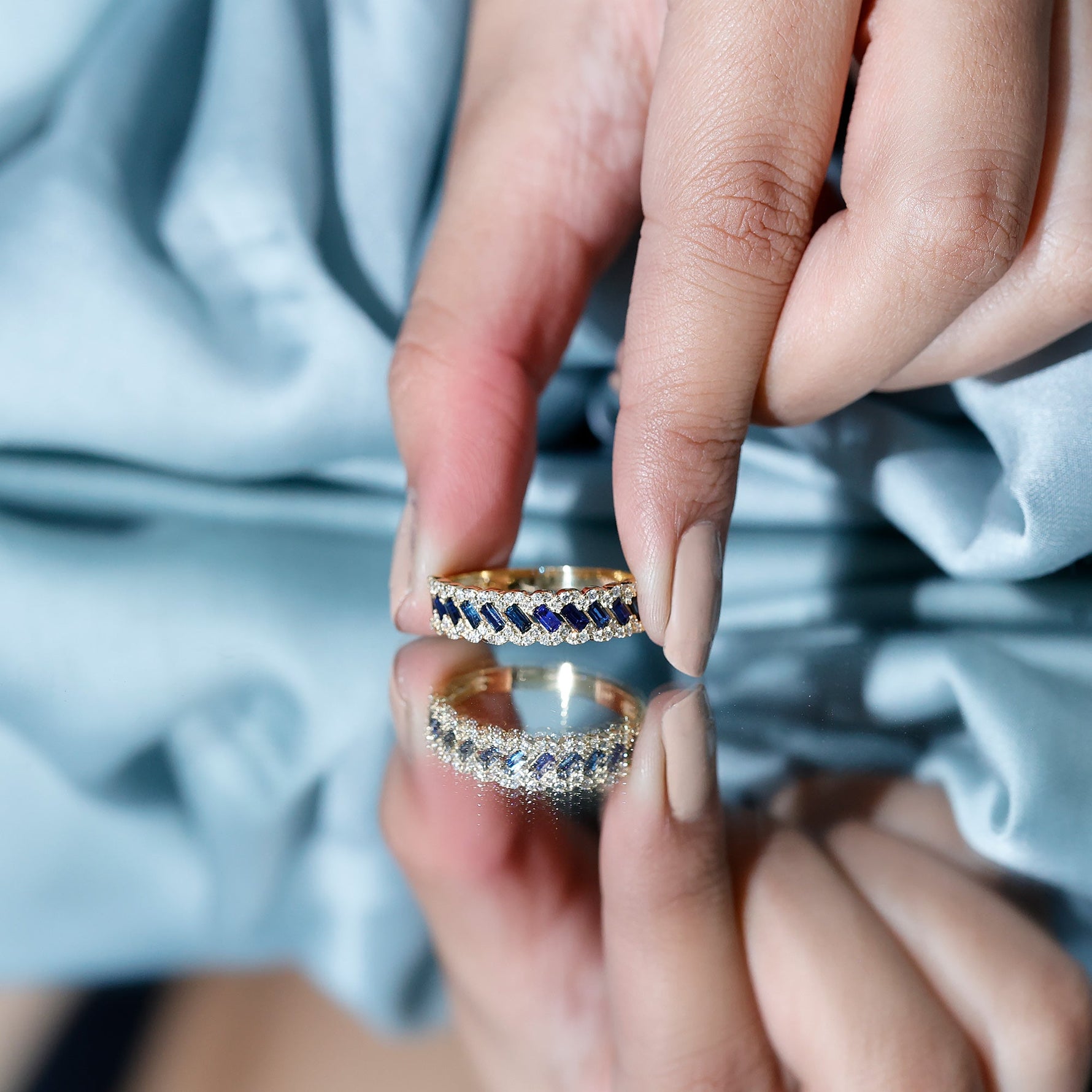 Certified Blue Sapphire Diamond Braided Wedding Ring