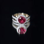 Created Ruby Halo Wedding Ring Set in Gold with Moissanite
