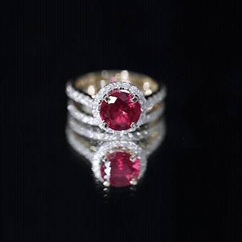 Created Ruby Halo Wedding Ring Set in Gold with Moissanite