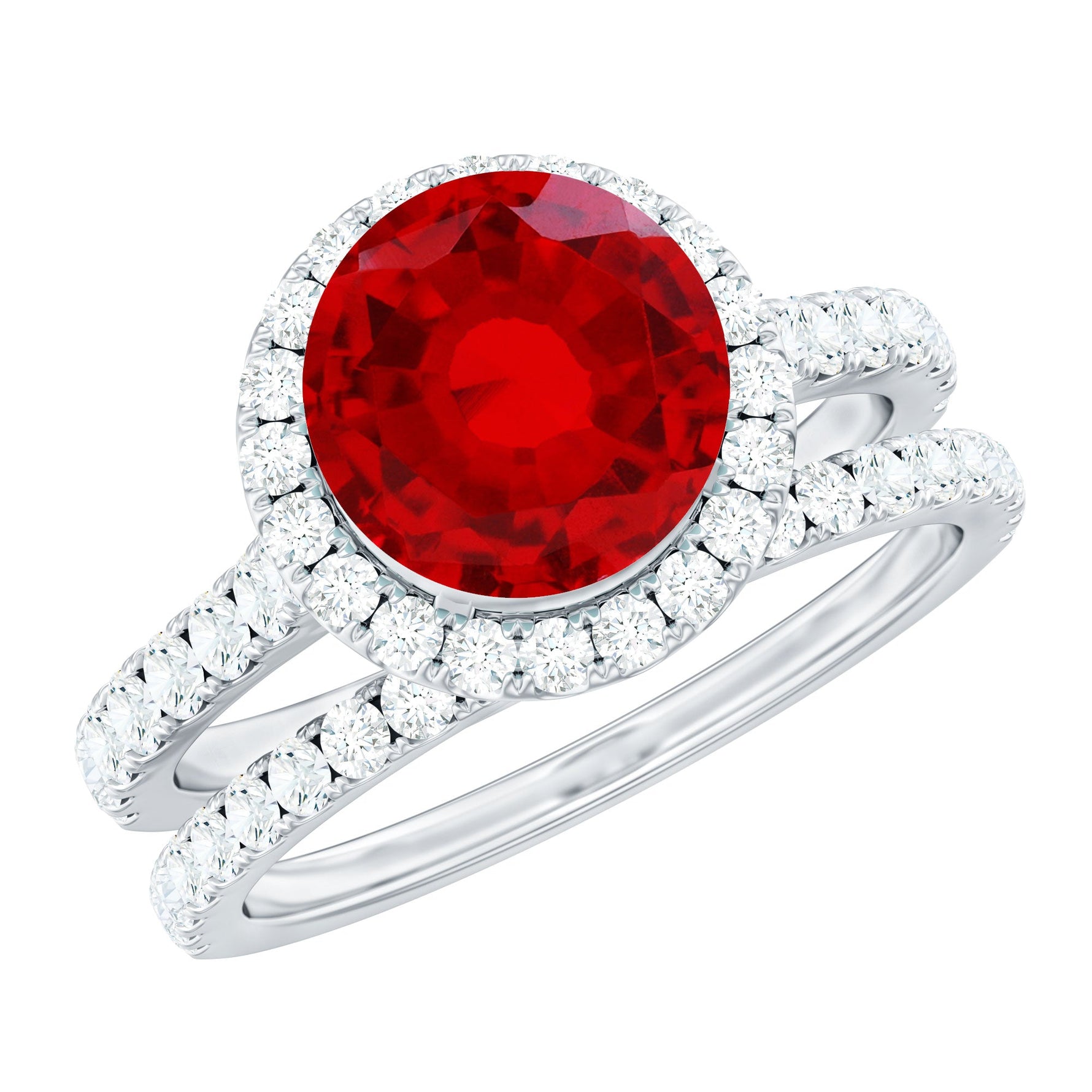 Created Ruby Halo Wedding Ring Set in Gold with Moissanite