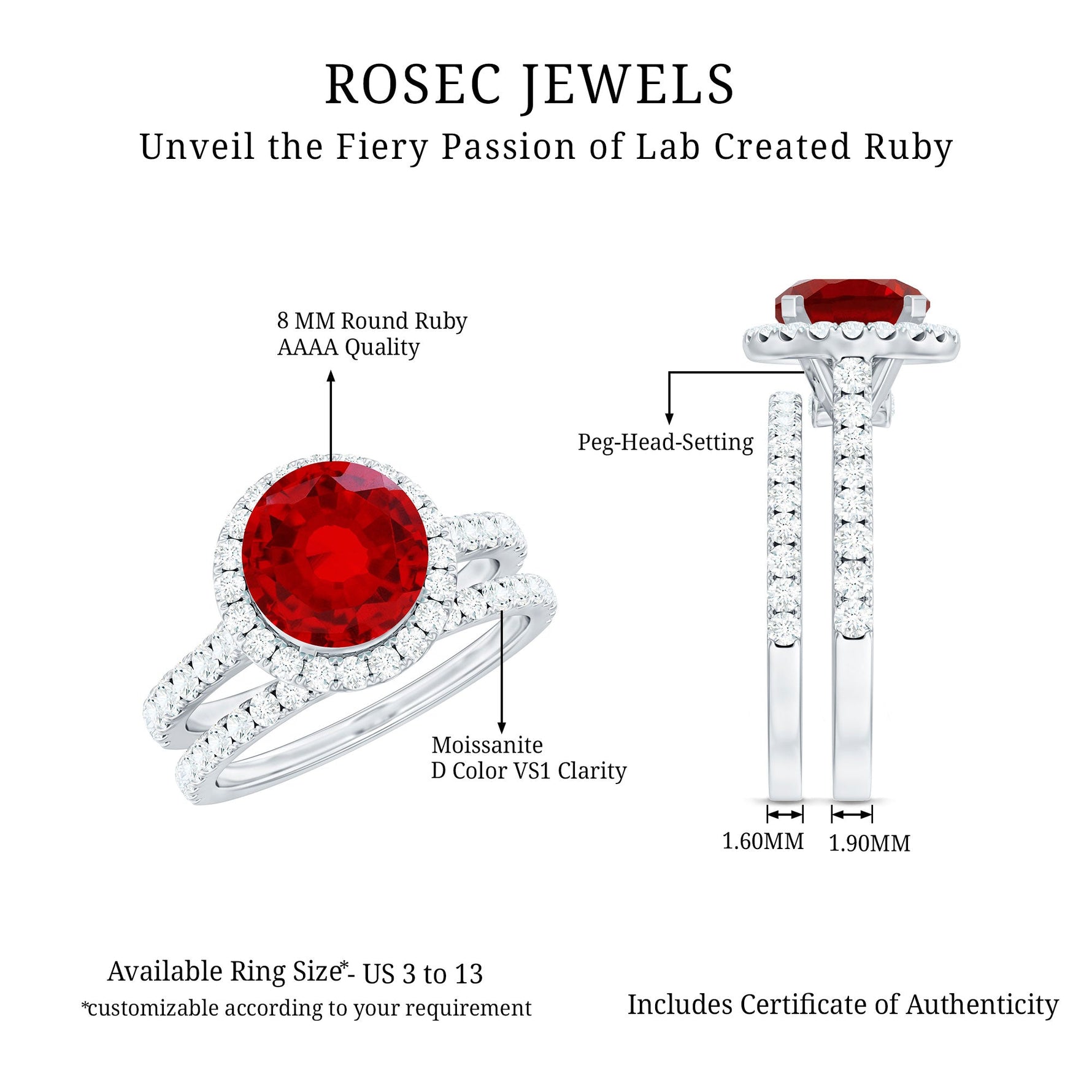 Created Ruby Halo Wedding Ring Set in Gold with Moissanite
