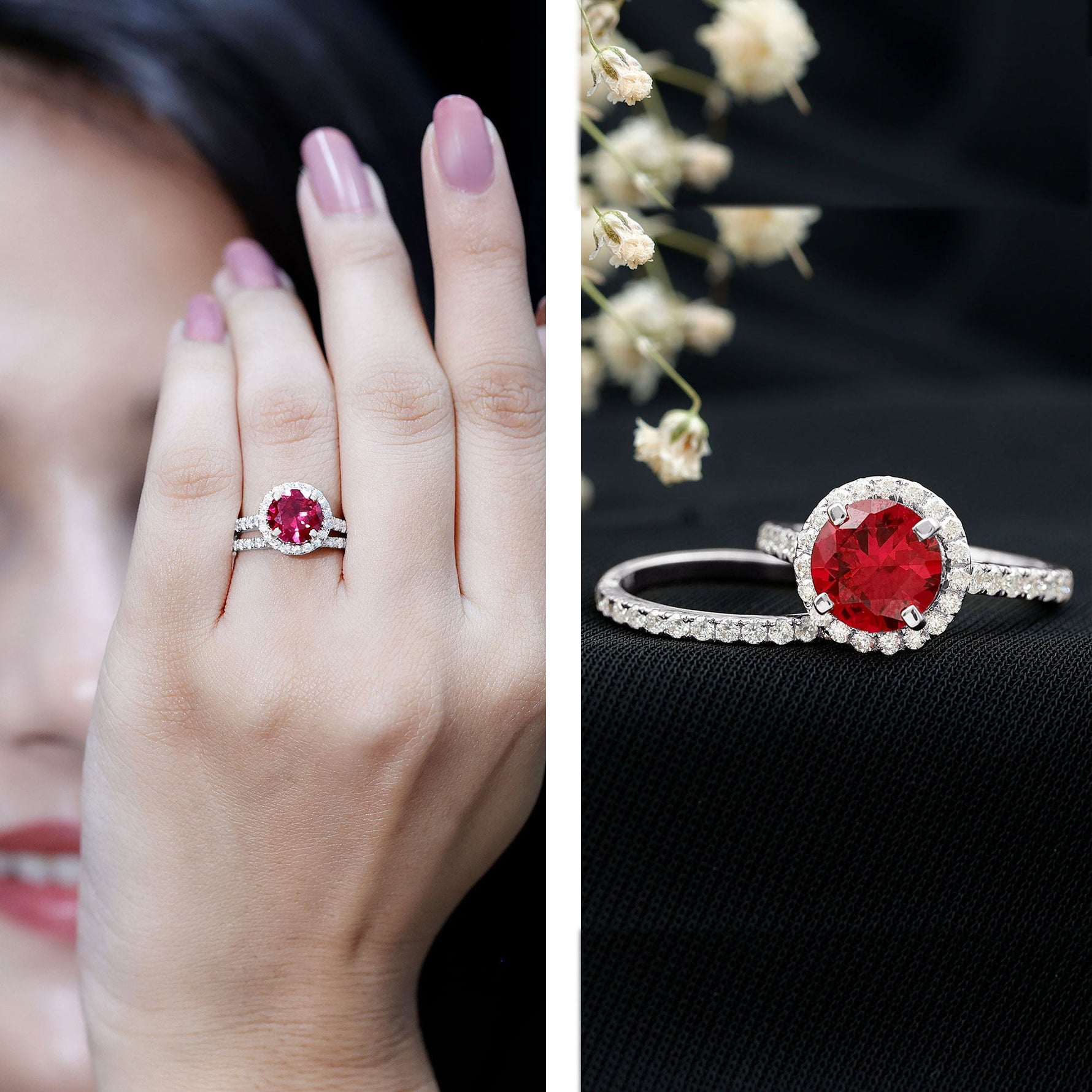Created Ruby Halo Wedding Ring Set in Gold with Moissanite