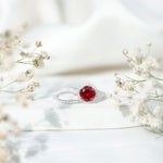 Created Ruby Halo Wedding Ring Set in Gold with Moissanite
