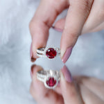 Created Ruby Halo Wedding Ring Set in Gold with Moissanite