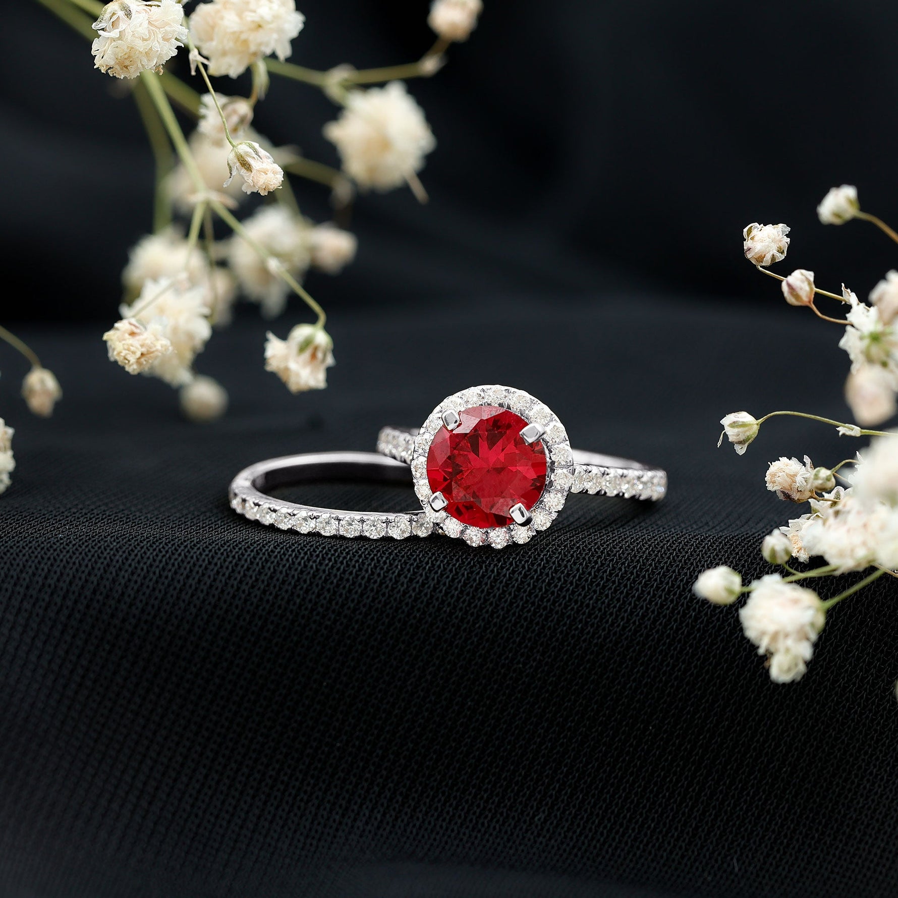 Created Ruby Halo Wedding Ring Set in Gold with Moissanite