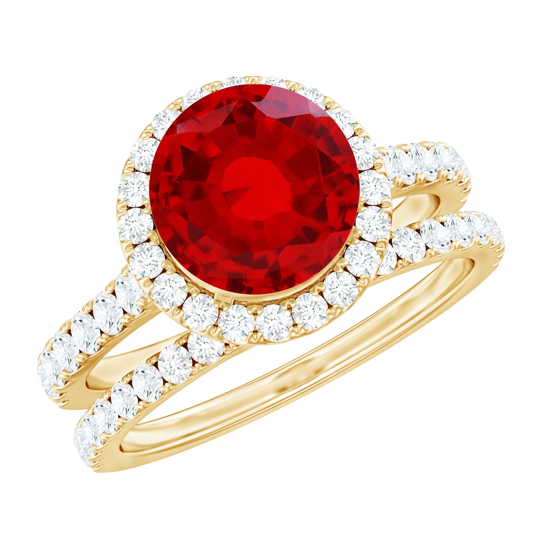 Created Ruby Halo Wedding Ring Set in Gold with Moissanite
