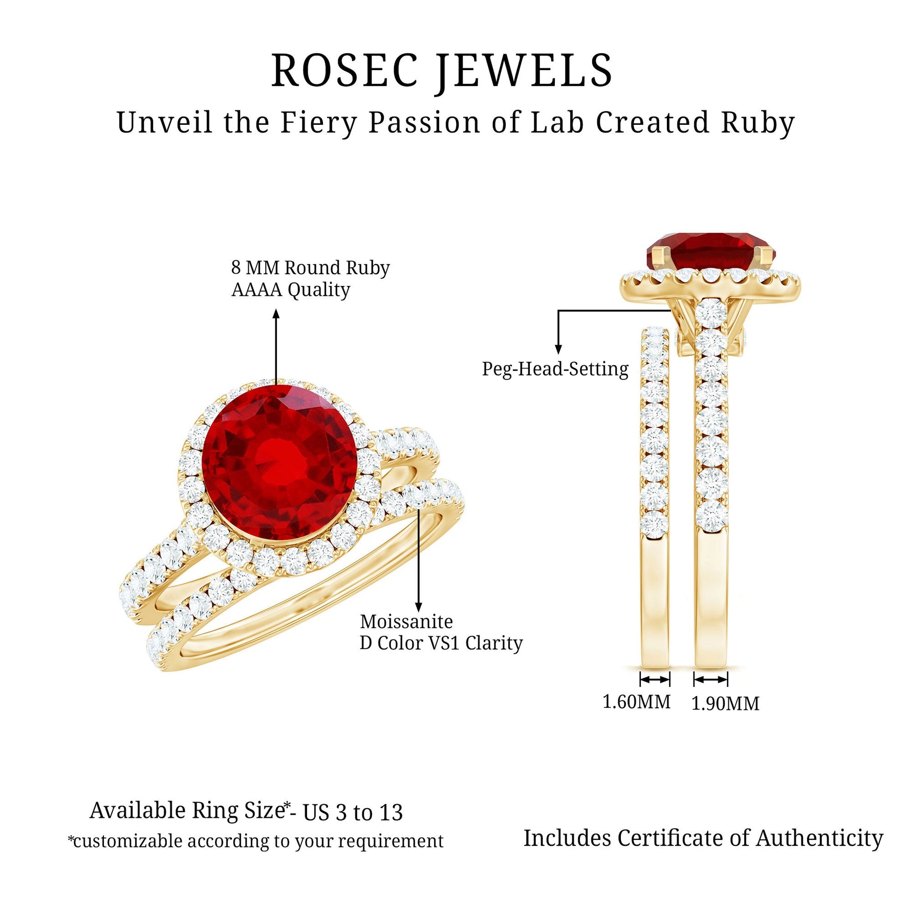 Created Ruby Halo Wedding Ring Set in Gold with Moissanite