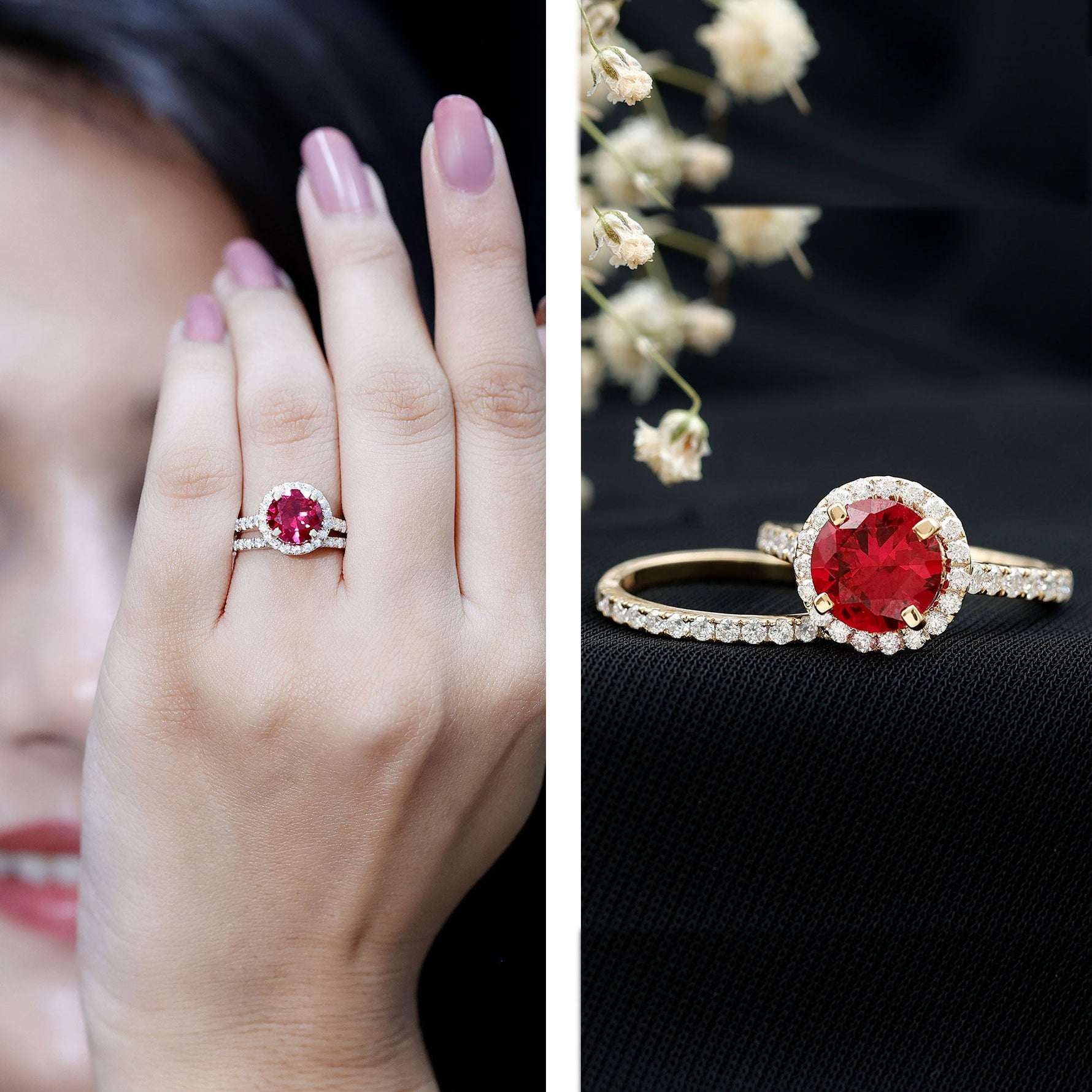 Created Ruby Halo Wedding Ring Set in Gold with Moissanite
