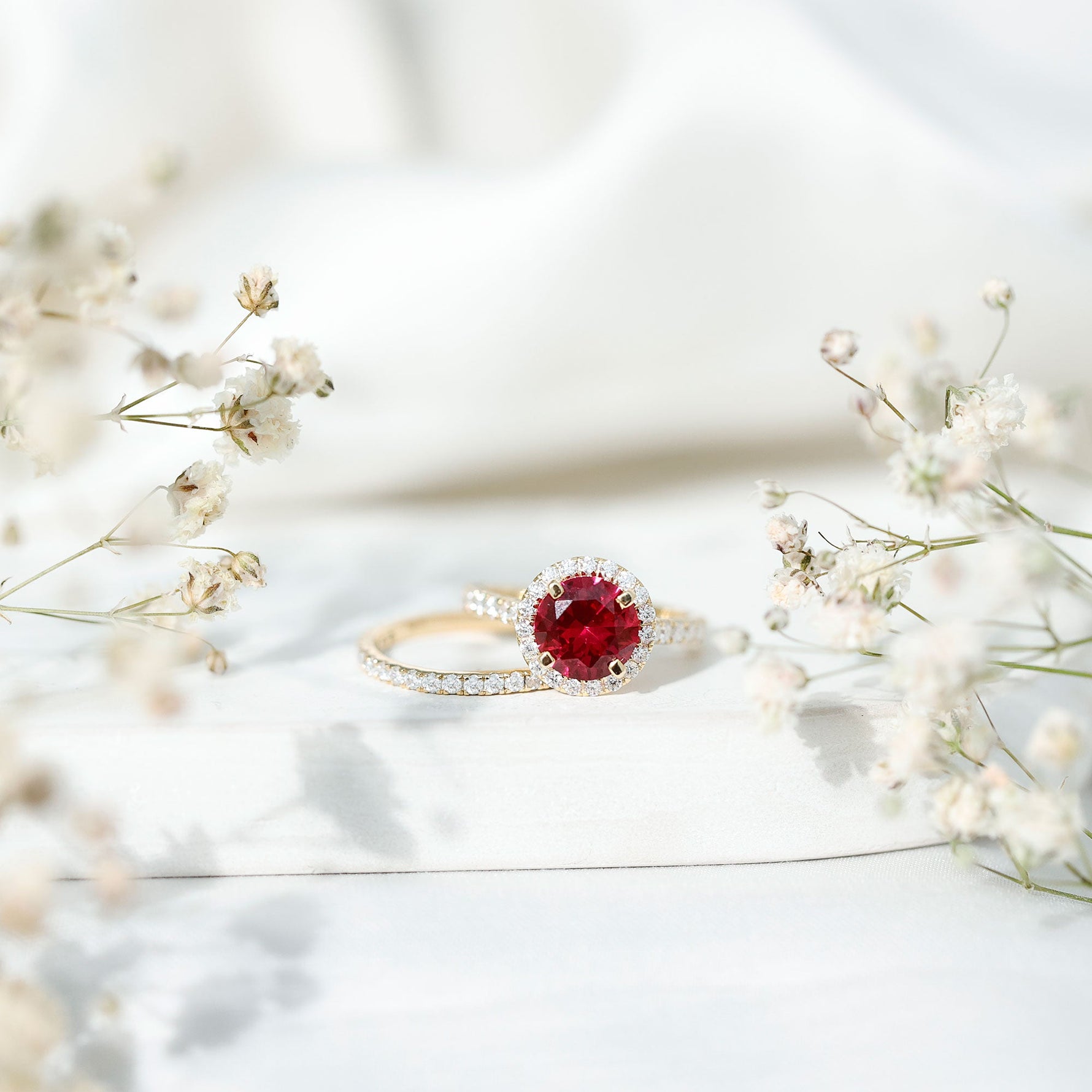 Created Ruby Halo Wedding Ring Set in Gold with Moissanite