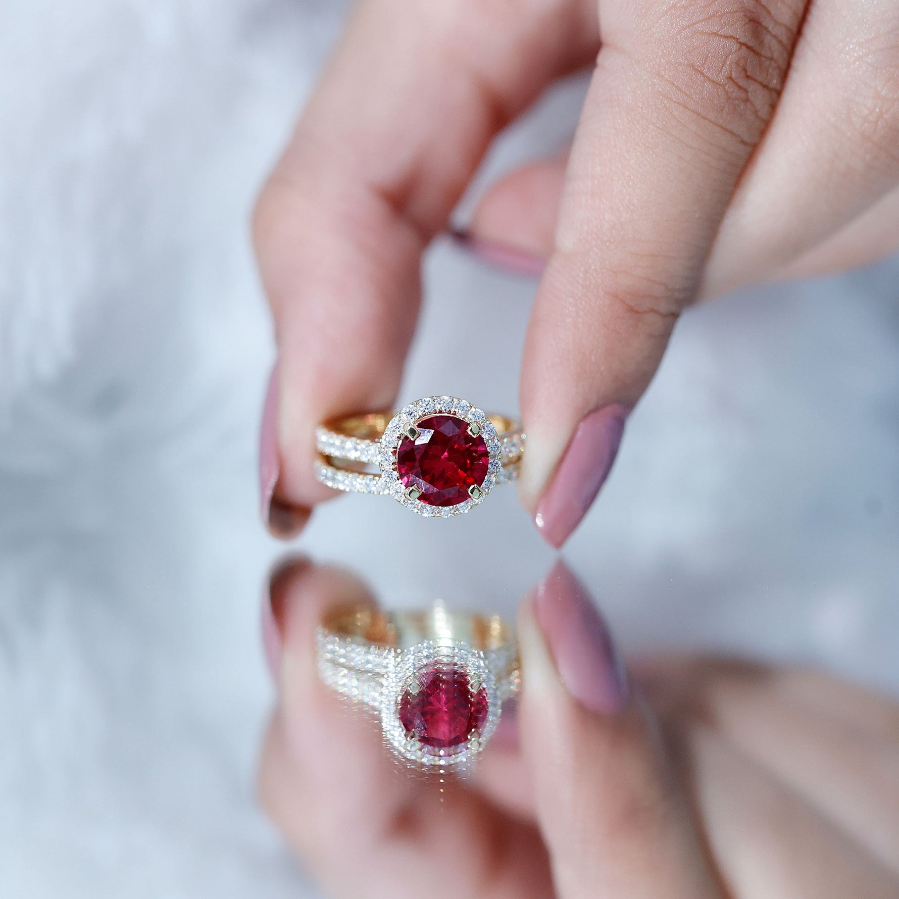 Created Ruby Halo Wedding Ring Set in Gold with Moissanite