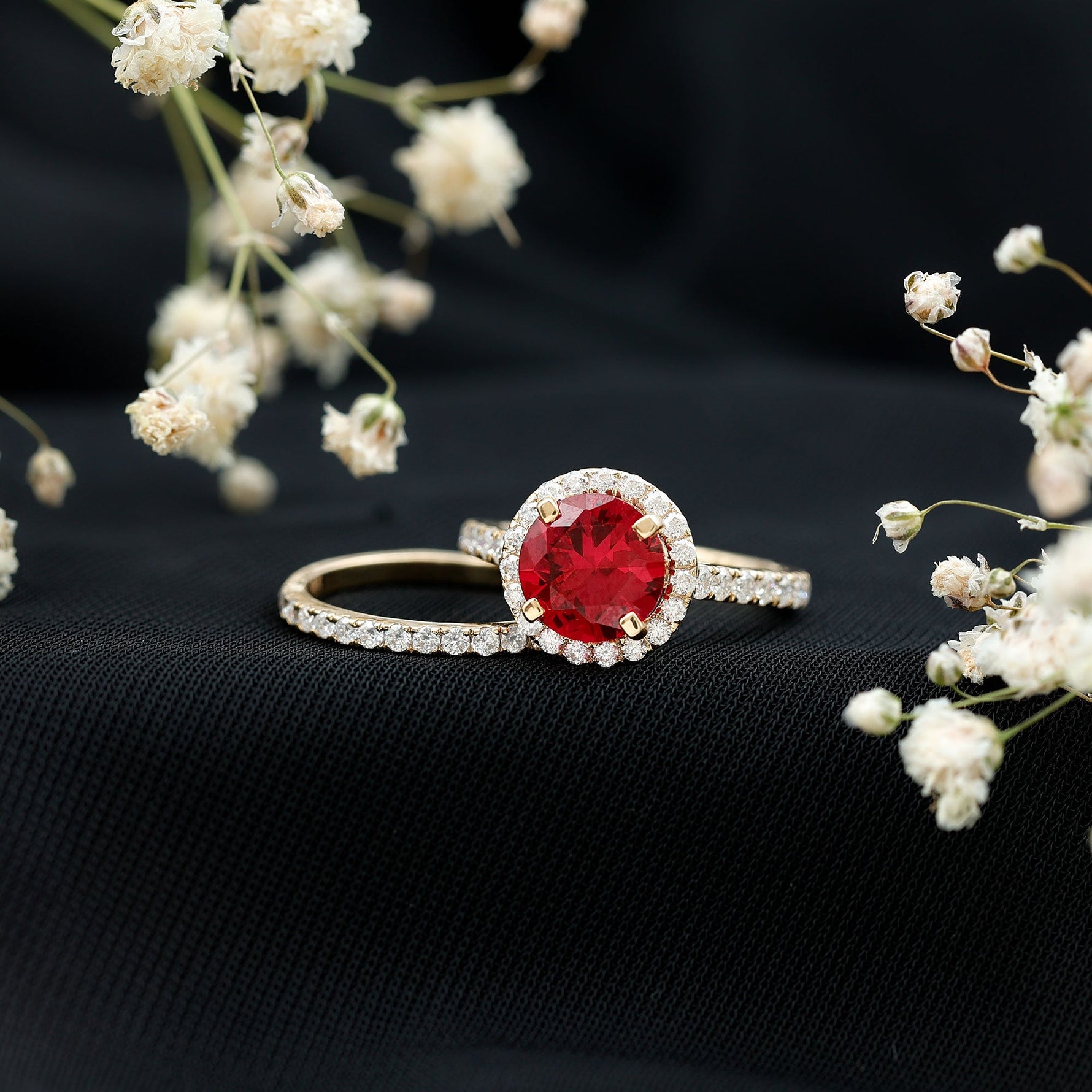 Created Ruby Halo Wedding Ring Set in Gold with Moissanite