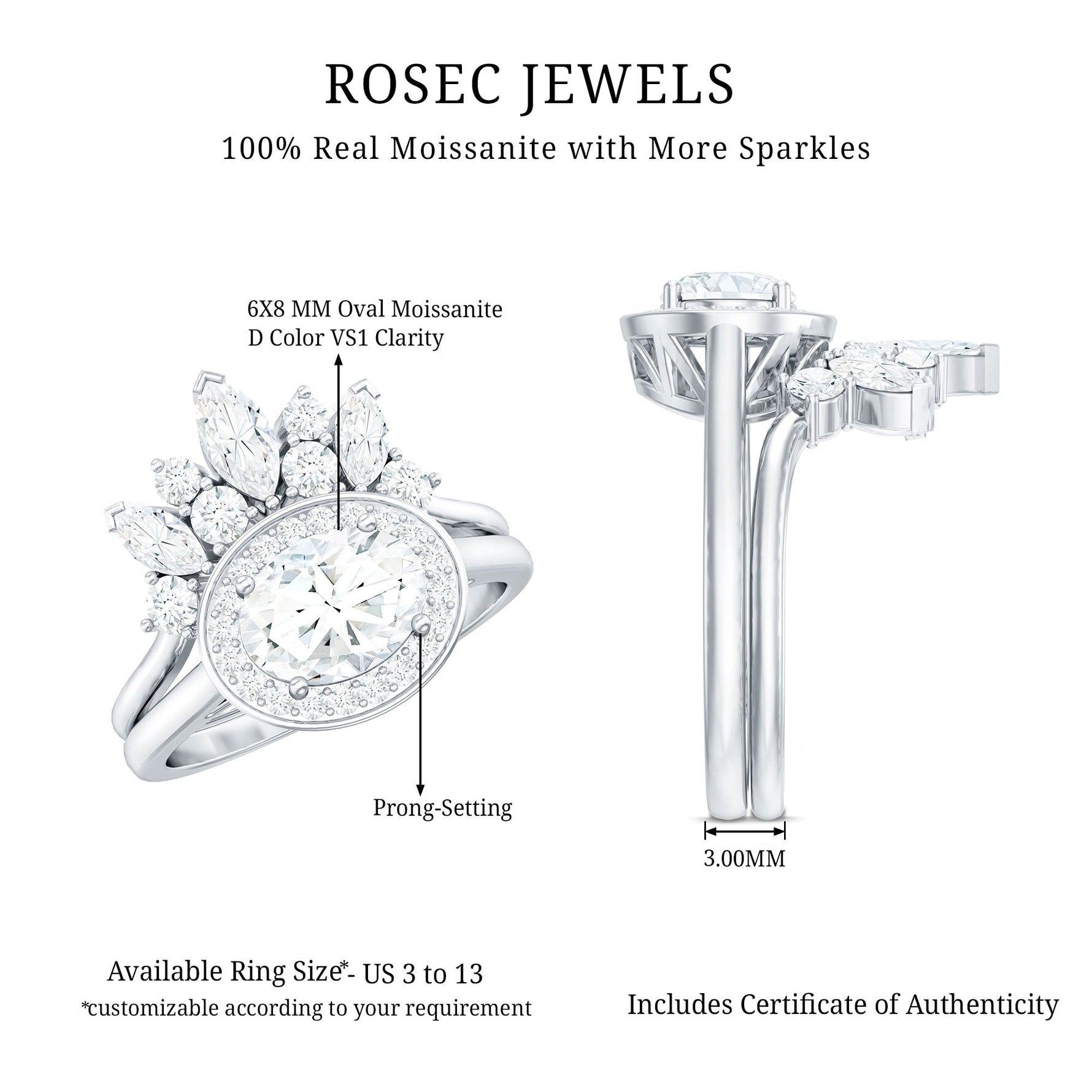 Designer Moissanite Oval Halo Wedding Ring Set with Certificate