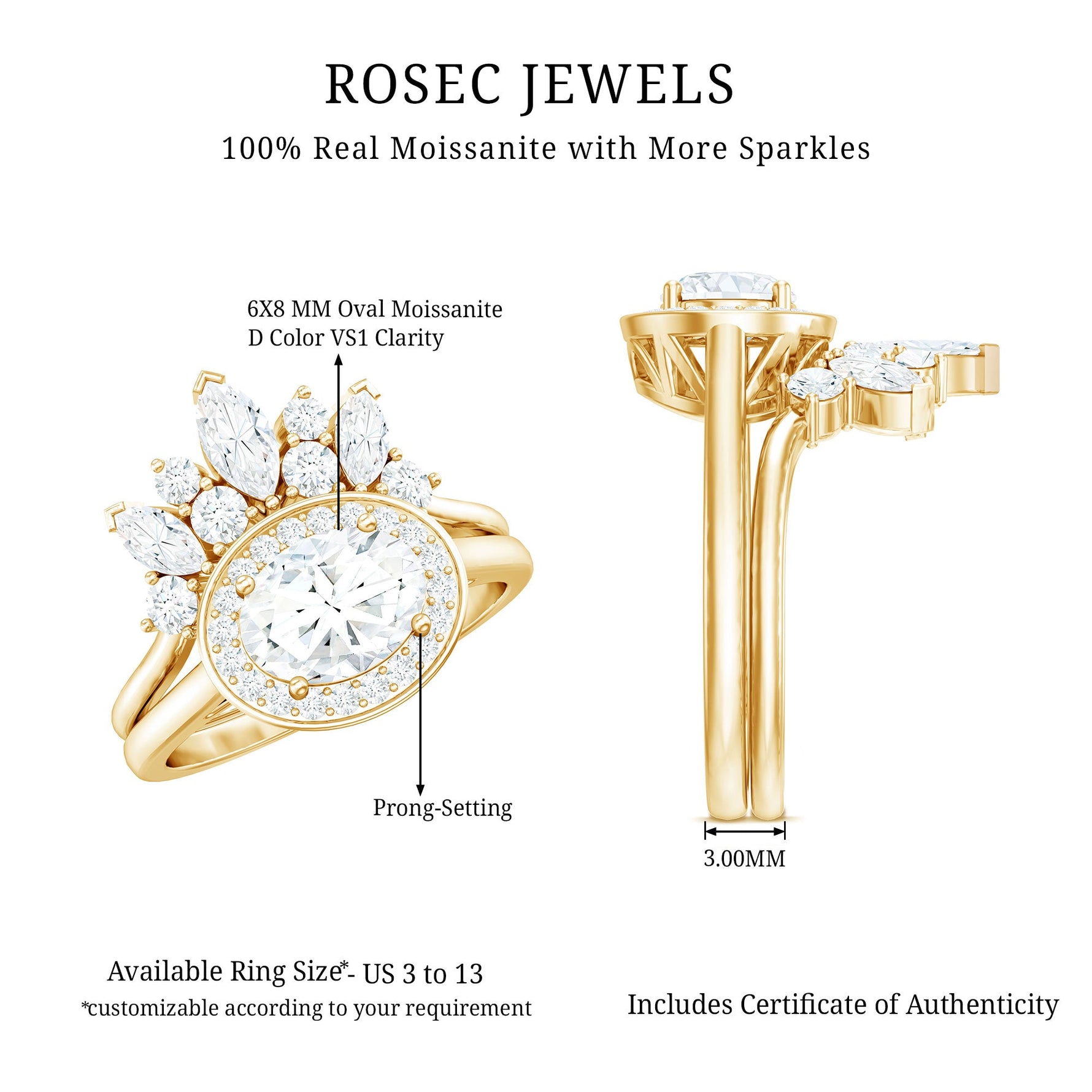 Designer Moissanite Oval Halo Wedding Ring Set with Certificate