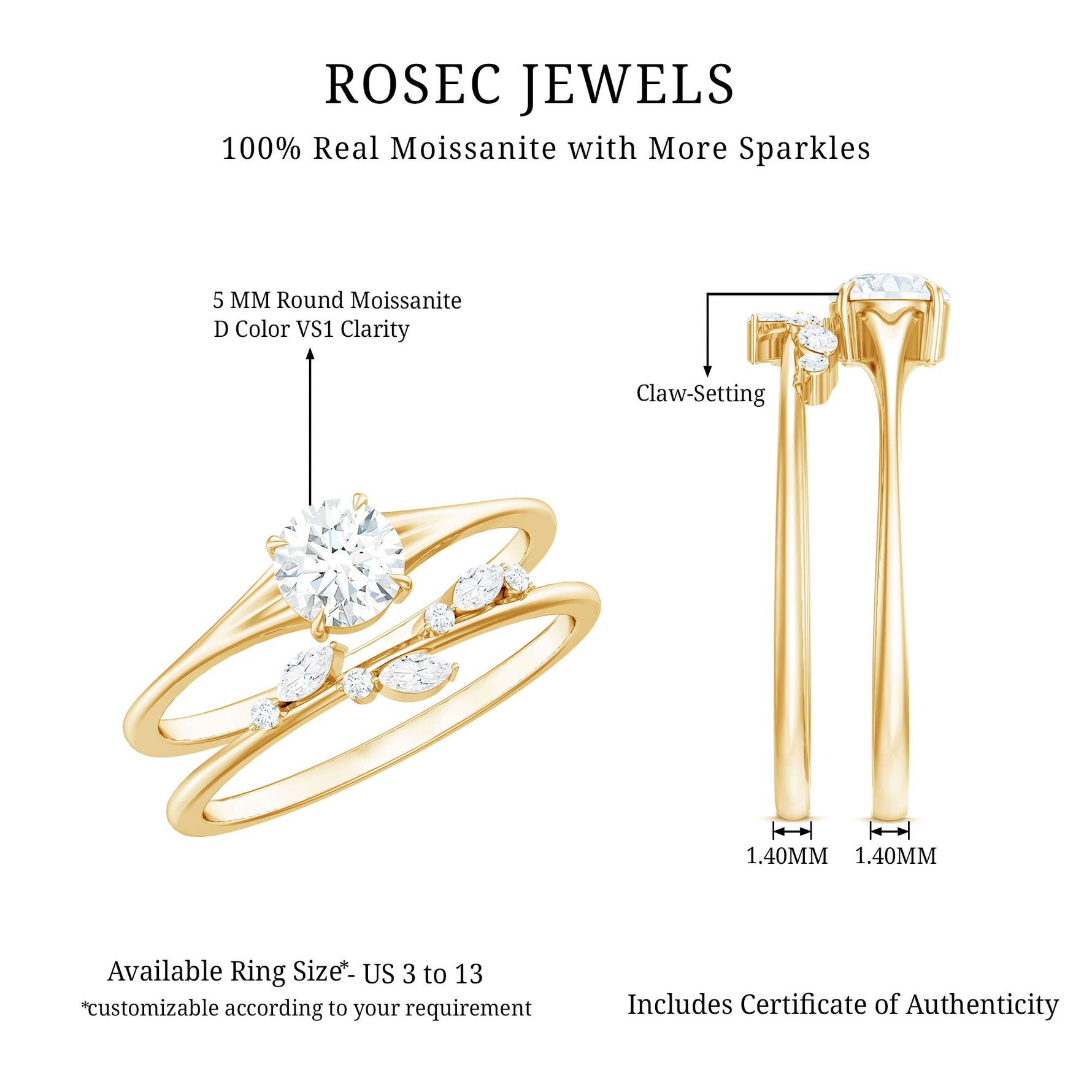 Certified Round Moissanite Modern Wedding Ring Set