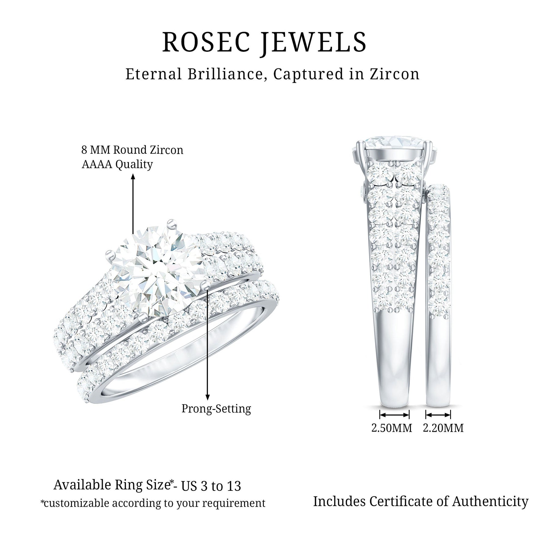 8 MM Zircon Wedding Ring Set in Prong Setting