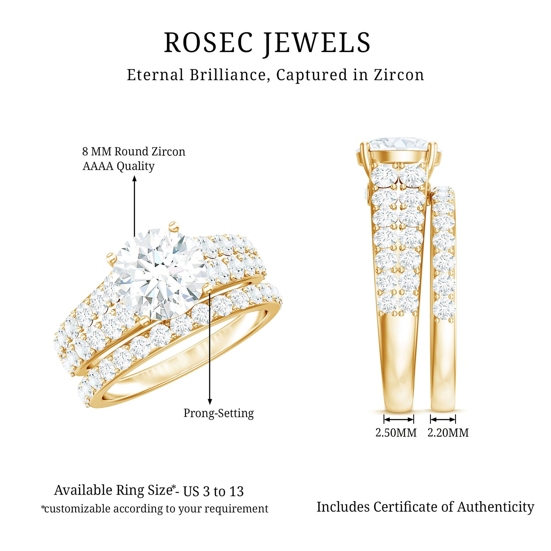 8 MM Zircon Wedding Ring Set in Prong Setting