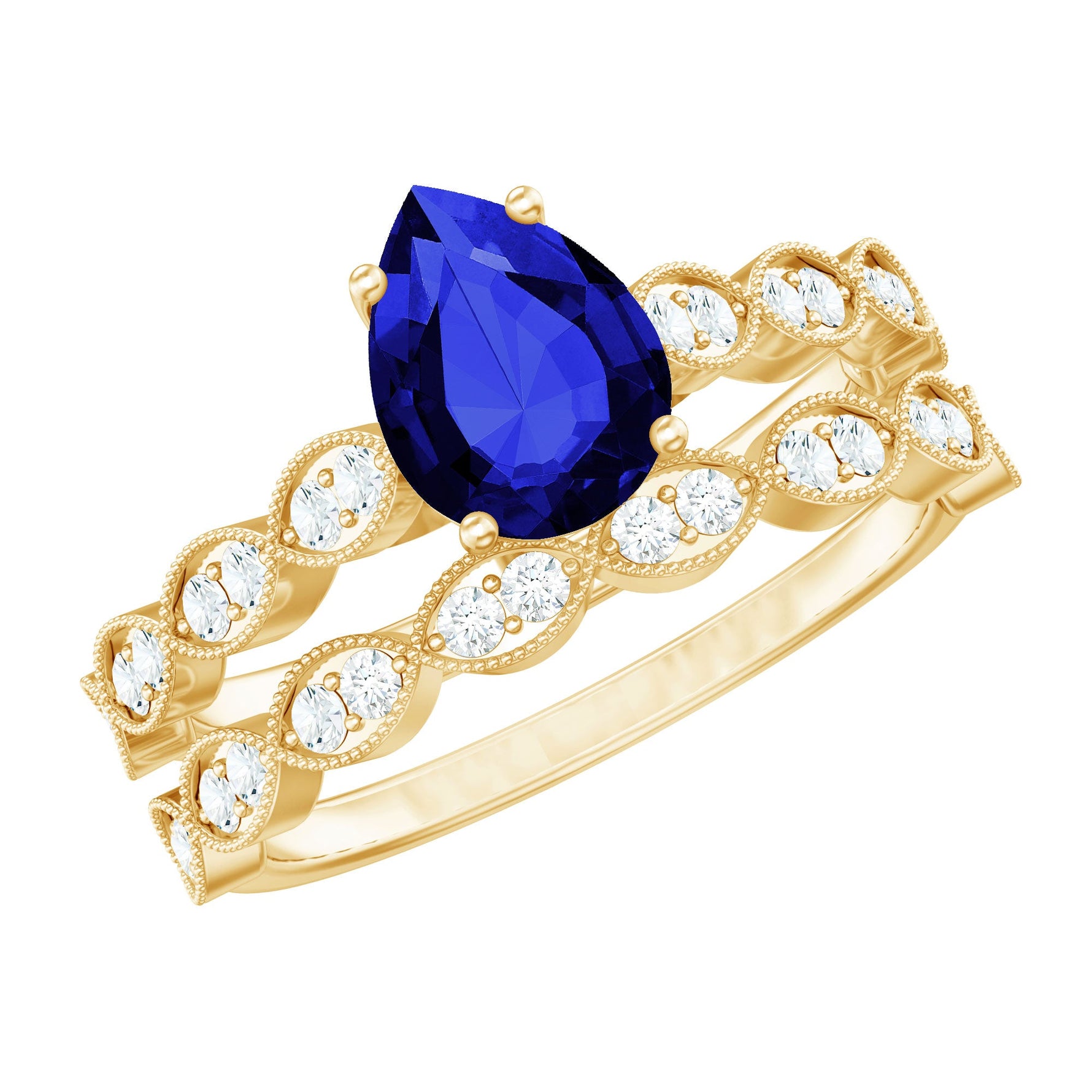 Created Blue Sapphire Wedding Ring Set With Diamond