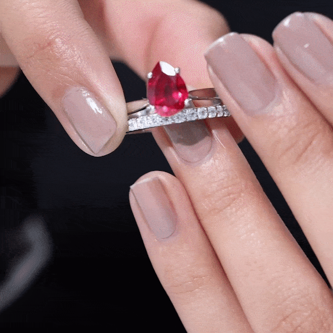 Pear Shape Created Ruby Solitaire Wedding Ring Set with Moissanite