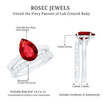 Pear Shape Created Ruby Solitaire Wedding Ring Set with Moissanite
