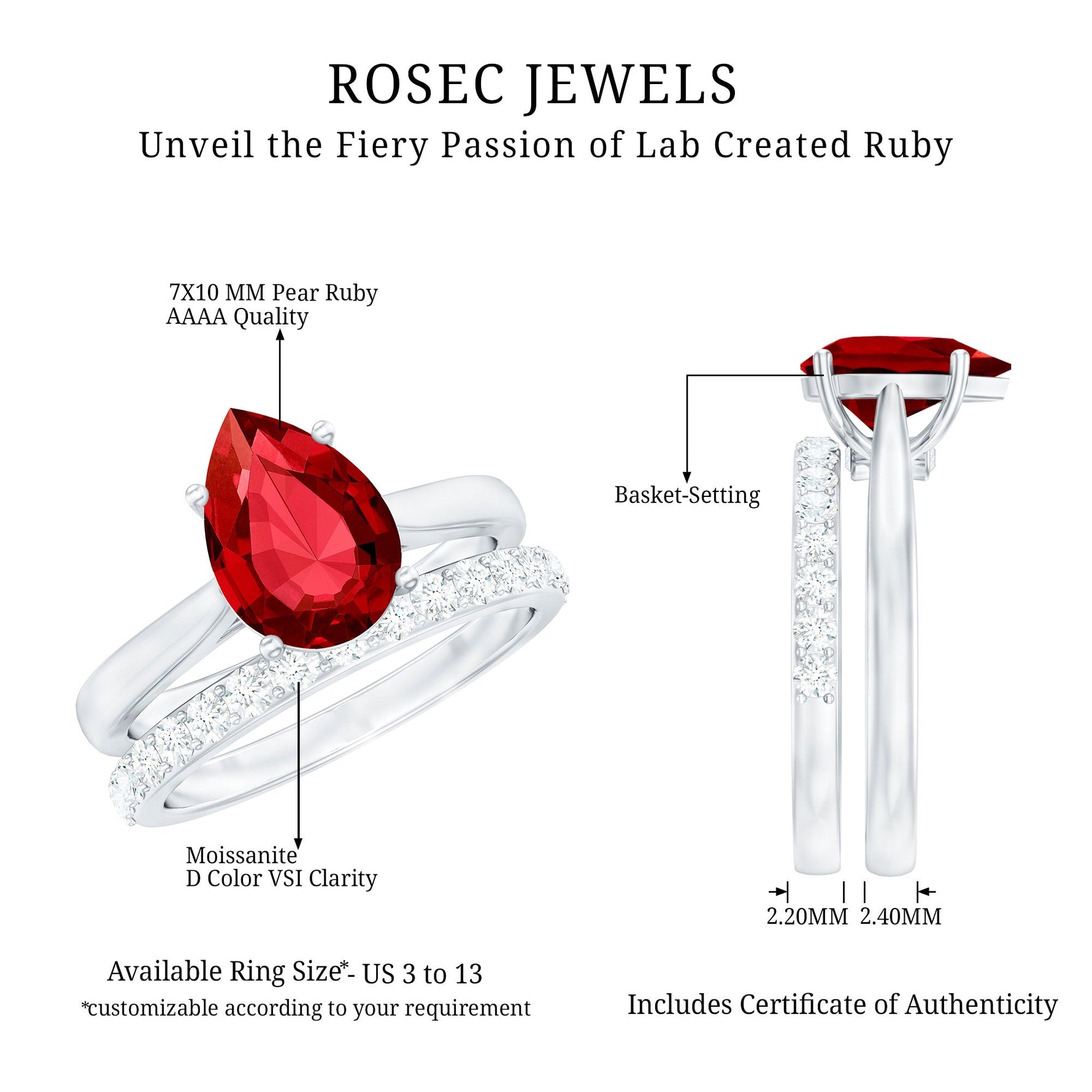 Pear Shape Created Ruby Solitaire Wedding Ring Set with Moissanite