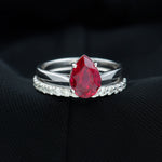 Pear Shape Created Ruby Solitaire Wedding Ring Set with Moissanite