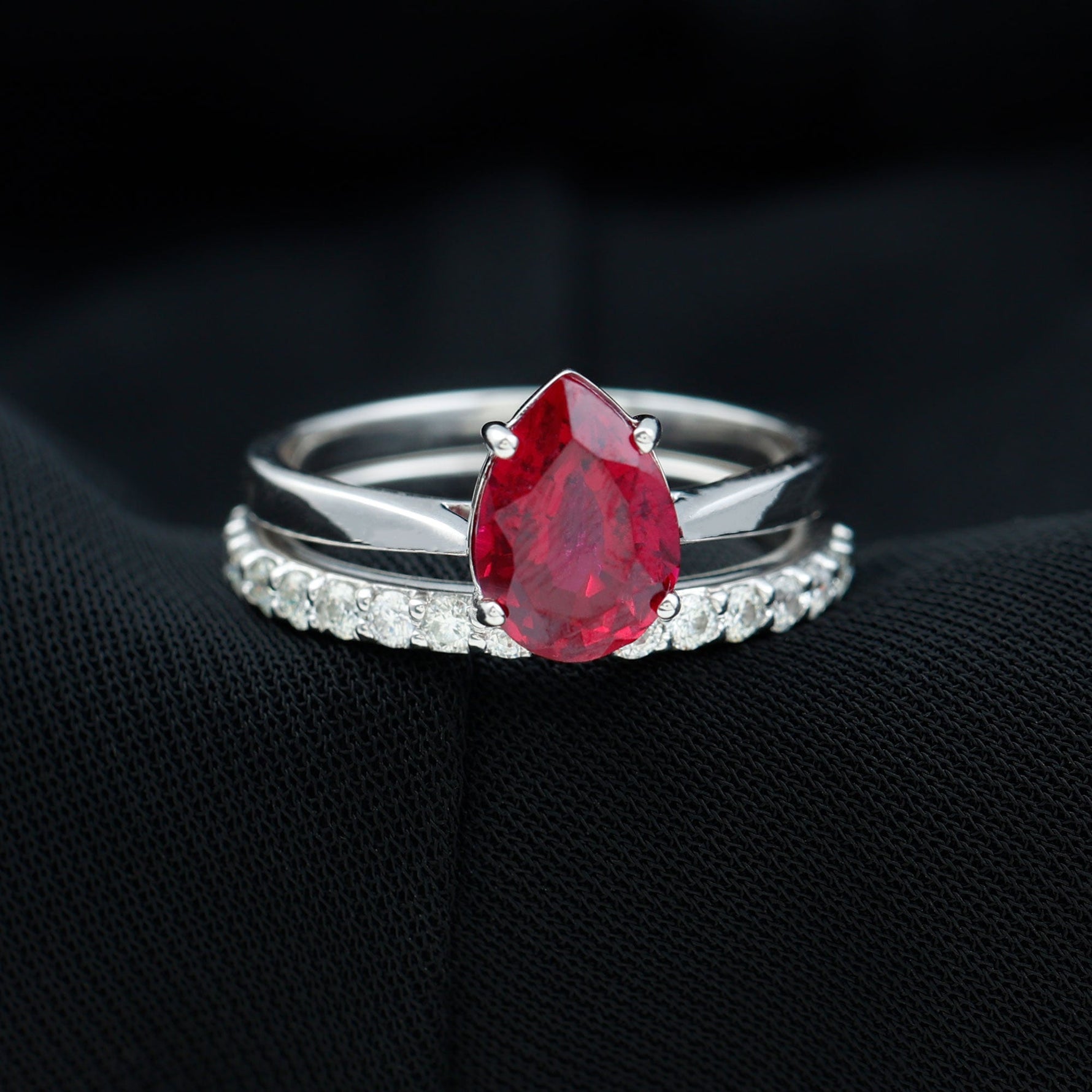 Pear Shape Created Ruby Solitaire Wedding Ring Set with Moissanite
