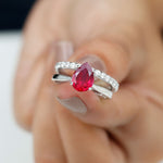 Pear Shape Created Ruby Solitaire Wedding Ring Set with Moissanite