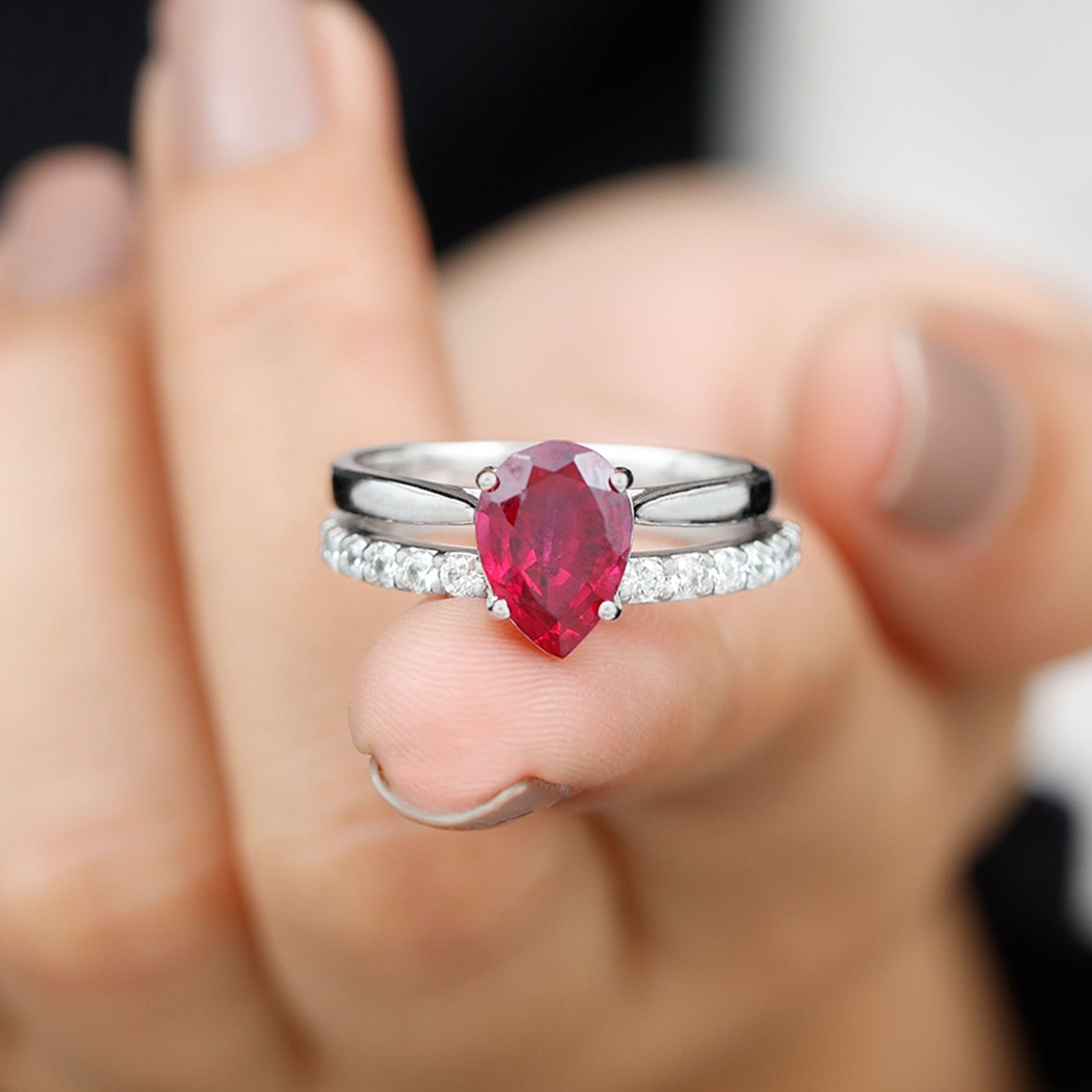 Pear Shape Created Ruby Solitaire Wedding Ring Set with Moissanite