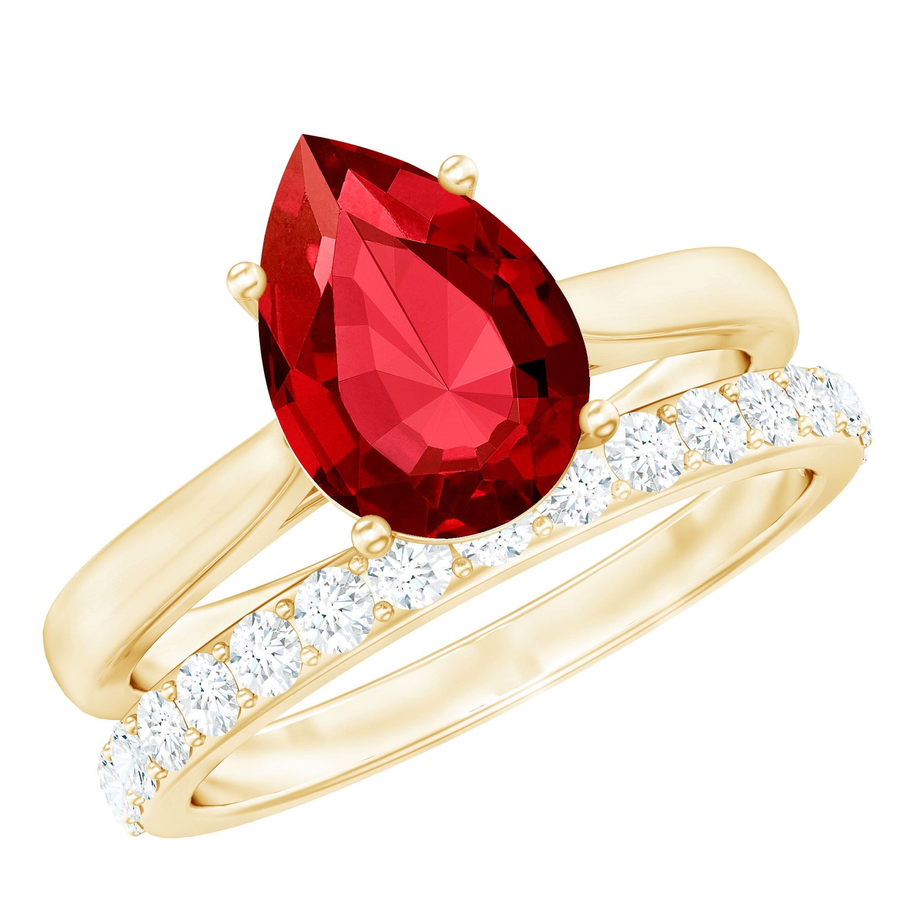 Pear Shape Created Ruby Solitaire Wedding Ring Set with Moissanite