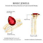 Pear Shape Created Ruby Solitaire Wedding Ring Set with Moissanite