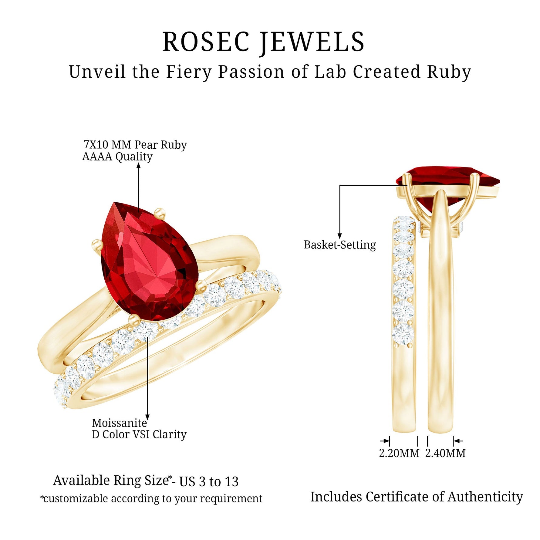 Pear Shape Created Ruby Solitaire Wedding Ring Set with Moissanite