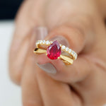 Pear Shape Created Ruby Solitaire Wedding Ring Set with Moissanite