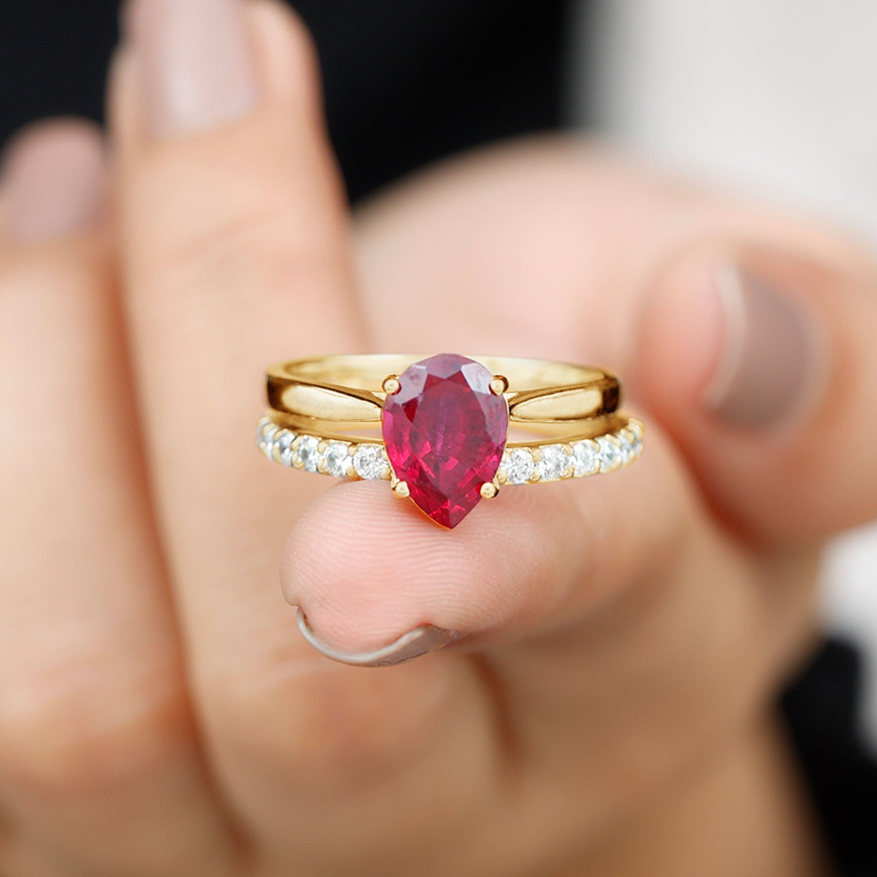 Pear Shape Created Ruby Solitaire Wedding Ring Set with Moissanite