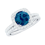 Genuine Blue Topaz and Diamond Halo Wedding Ring Set