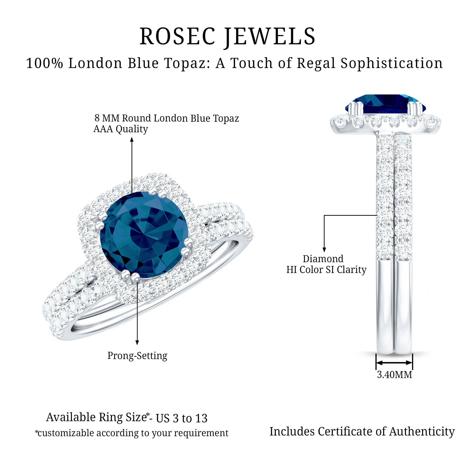 Genuine Blue Topaz and Diamond Halo Wedding Ring Set