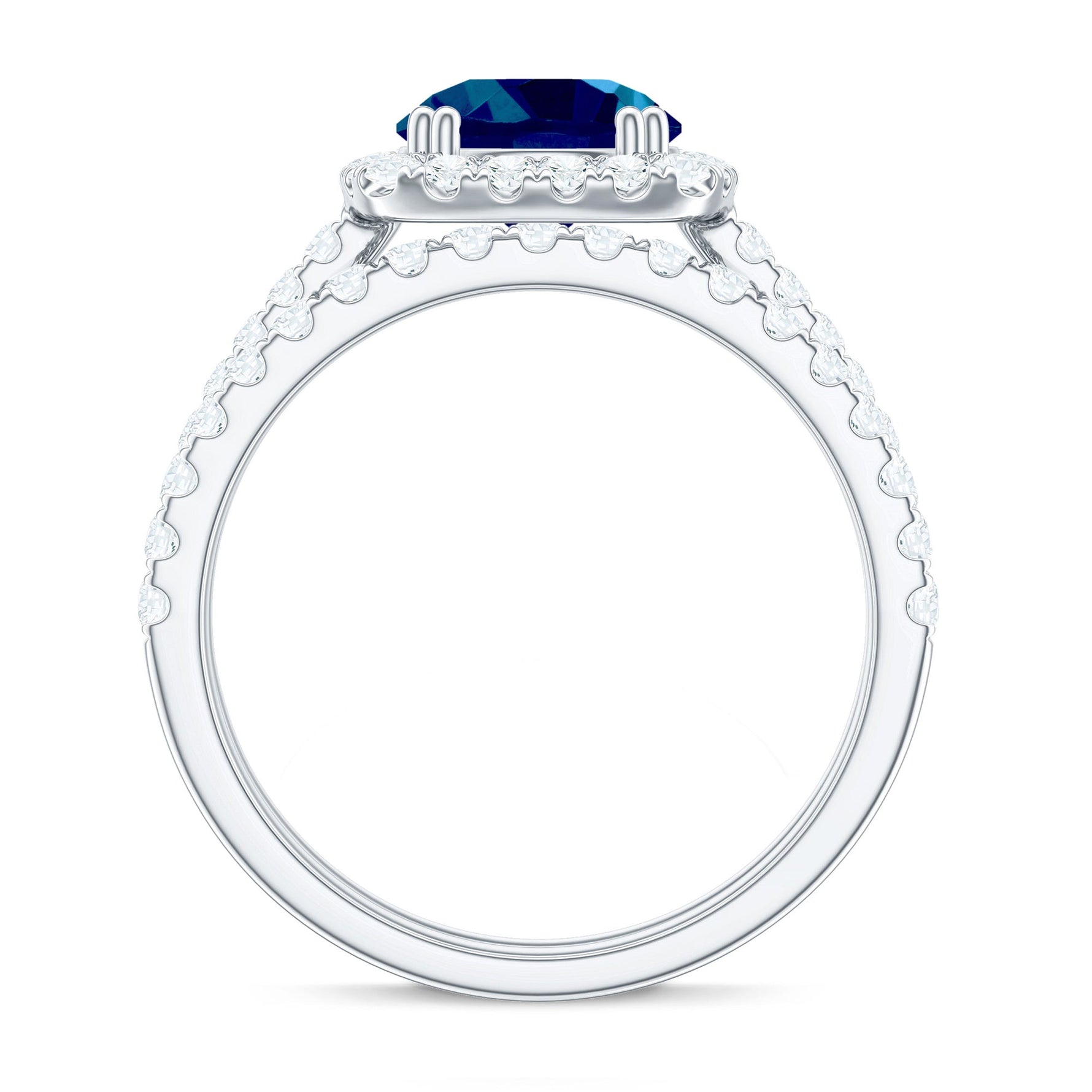 Genuine Blue Topaz and Diamond Halo Wedding Ring Set